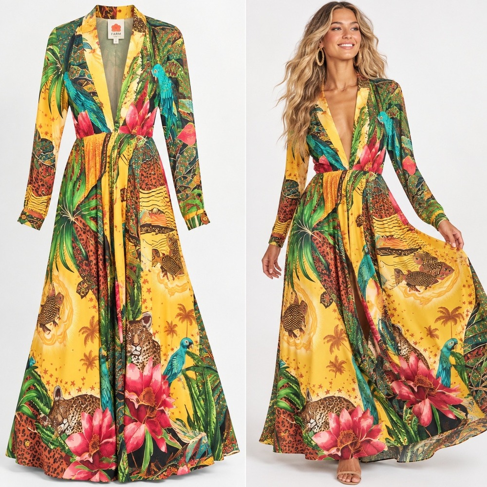 FARM Rio Maxi Dress SZ M Tropical Leopard Parrot Fauna Caftan 100% Viscose